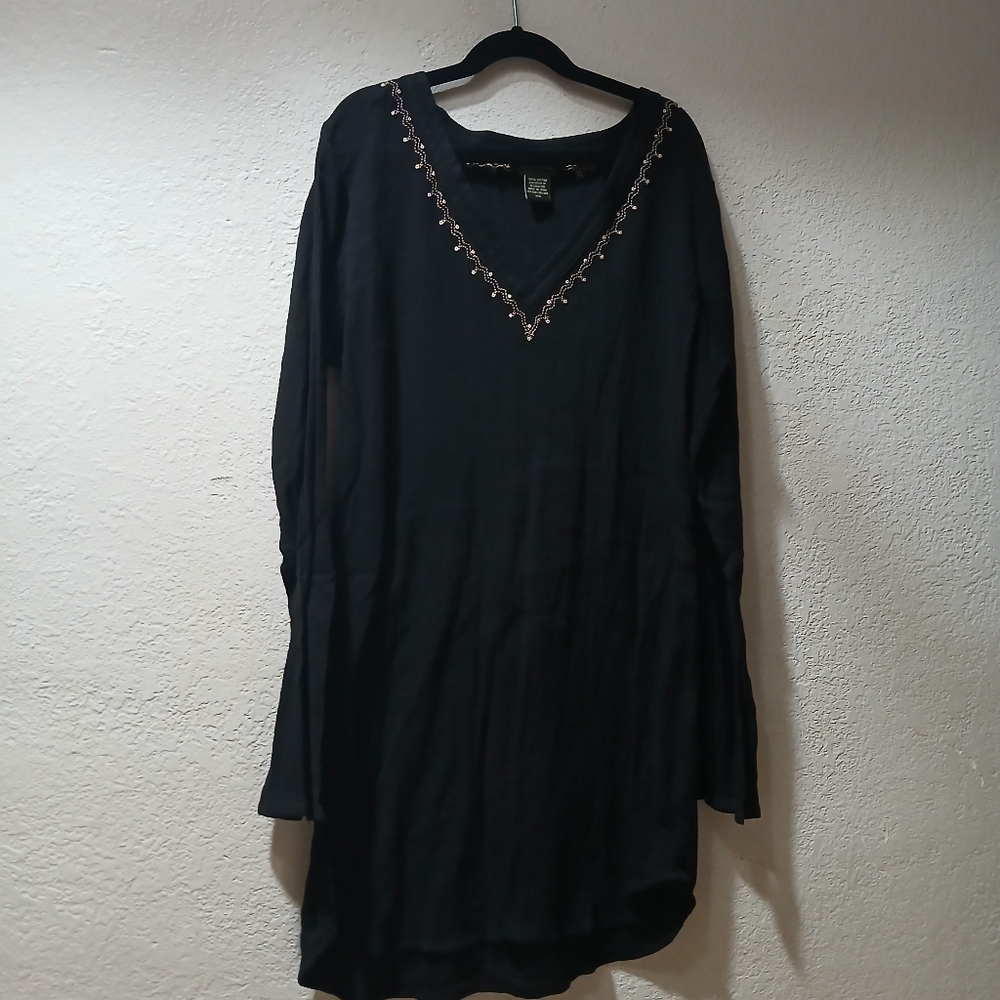 Eddie Bauer 100% Cotton Black Long Sleeve Tunic,top with Embellishments top